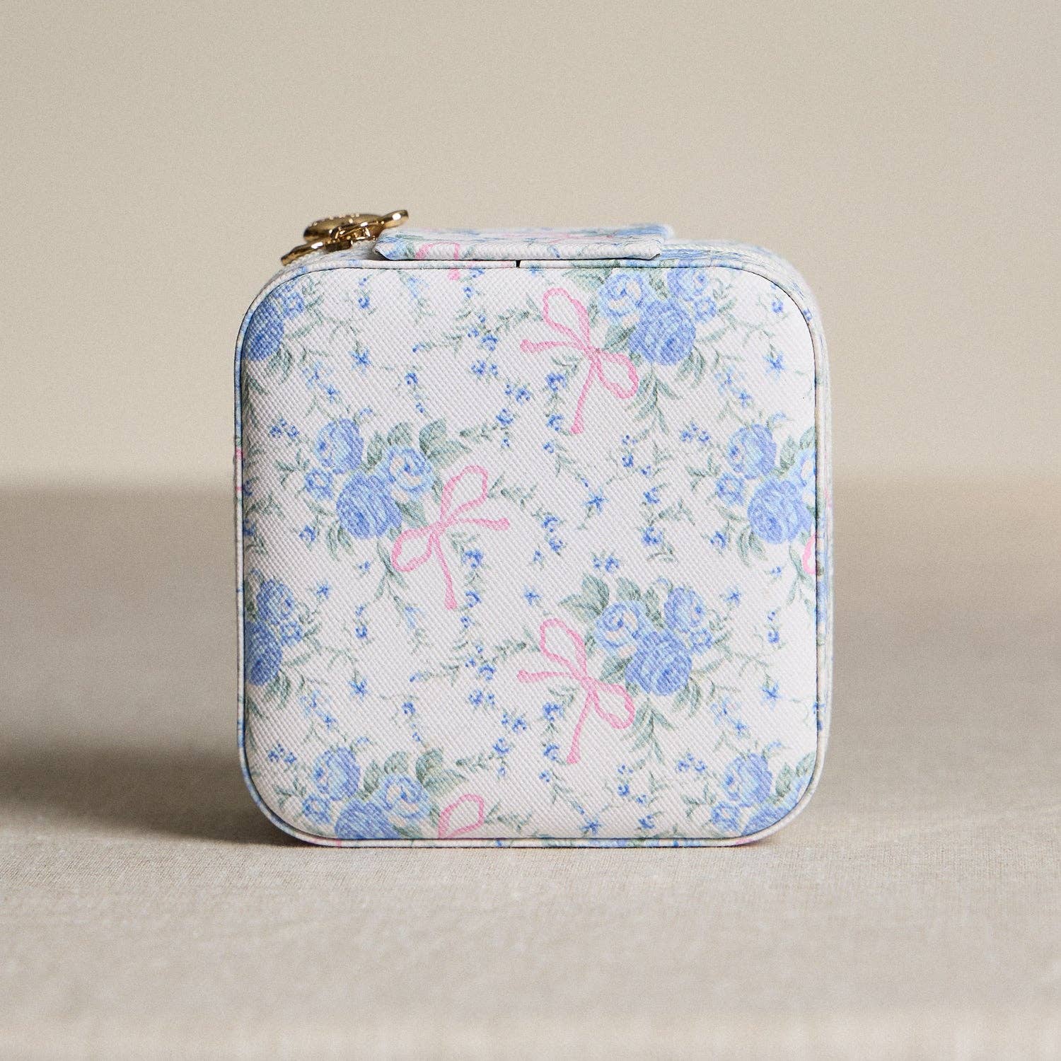 Blue Floral with Pink Bow Jewelry Box - Travel Size