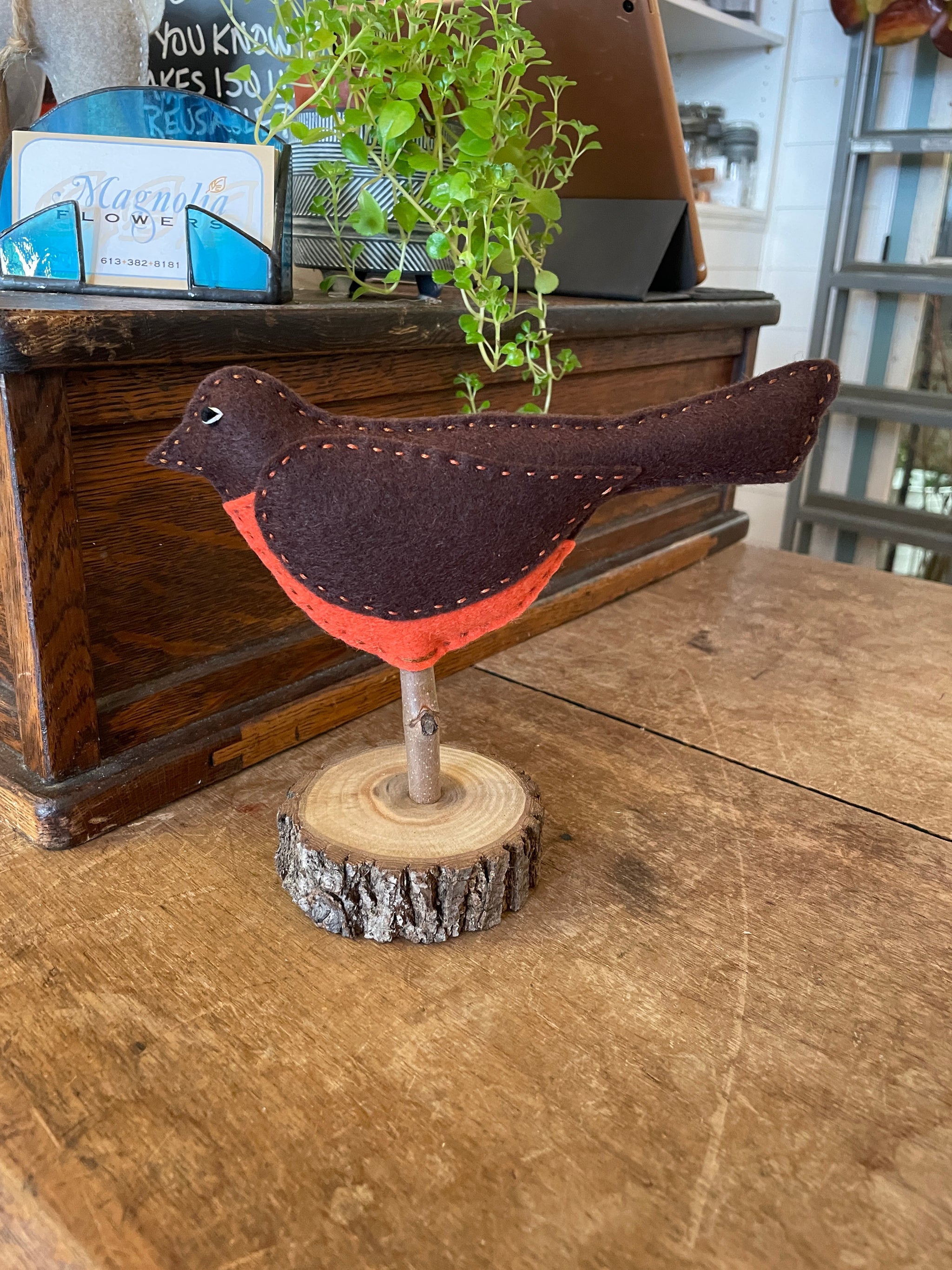 Felted Robin on Wooden Base